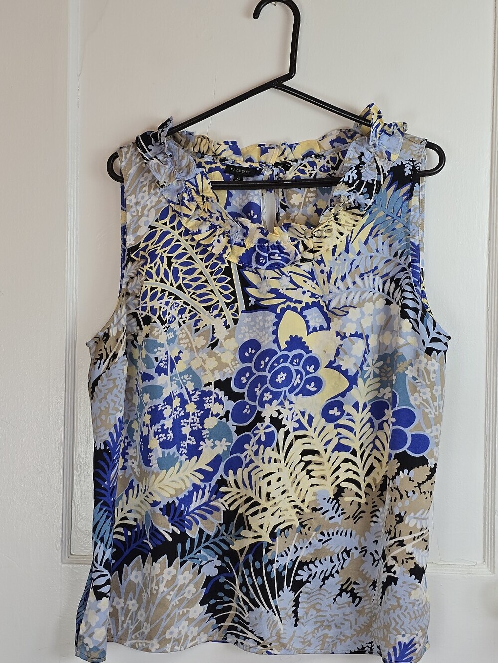 Talbots Blue & Yellow Floral Coquette Ruffle Neck Sleeveless Blouse XL